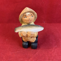 Vtg Henning Hand Carved Wood Fisherman Boy  w/ Fish Figurine Norwegian Folk Art - $24.99