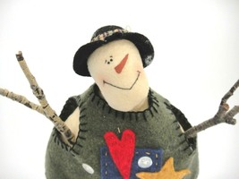 Stuffed Snowman Doll Figure Green Felt Vest Heart Star Stick Arms 9&quot; Folk Art - £7.37 GBP
