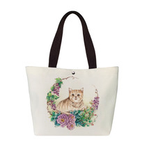 Cute Flower Garden Cat Print Handbag Women Casual Canvas Totes Underarm Top Hand - £13.78 GBP