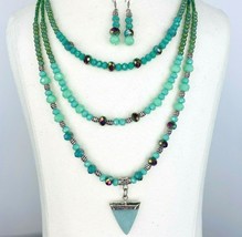 Green Amazonite Crystal Necklace Earring Set Silver Tone Triple 3 Strand Pendant - £31.96 GBP