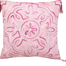 17&quot; X 17&quot; Pink White And Silver Damask Zippered Polyester Throw Pillow With T... - £45.44 GBP