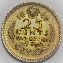 Ceylon 25 Cents, 1943 Gem Unc~RARE~Only Year This Type. - £20.17 GBP