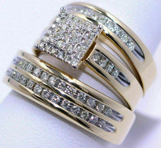 Diamond Trio Set 14K Yellow Gold Over His Hers Wedding Bridal Engagement... - £95.44 GBP