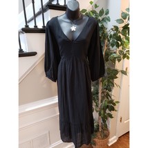 Gap Long Maxi Dress Womens Large Black Textured Tiered Hem Balloon Sleeve V Neck - $64.35