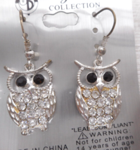 SilverTone Metal Clear Crystal Rhinestone Eyes Owl Drop Fish Hook Earring 1 1/2&quot; - £9.93 GBP