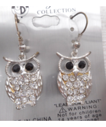 SilverTone Metal Clear Crystal Rhinestone Eyes Owl Drop Fish Hook Earrin... - £9.83 GBP