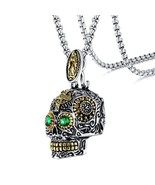 SUGAR SKULL NECKLACE Stainless Steel Mexican Day of the Dead Green Eyes ... - $17.95