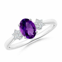 ANGARA 7x5mm Natural Amethyst Solitaire Ring with Diamond Clusters in Silver - £221.30 GBP+
