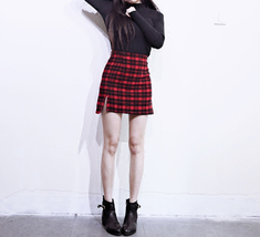 Red and Black Plaid Skirt Slit Plaid Mini Skirt High Waisted Warm Plaid Skirt image 1