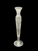 Mid Century Etched Glass Vase Floral Pattern Ruffled Edge Trumpet - $24.74