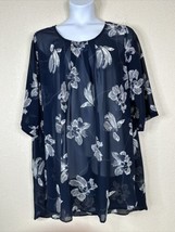 Junarose Womens Plus Size 24 (2X) Sheer Navy Floral Tunic Top Elbow Sleeve - $14.40