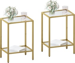 Side Tables Set Of 2, End Tables With Tempered Glass, 2-Tier Nightstands, Golden - £58.29 GBP