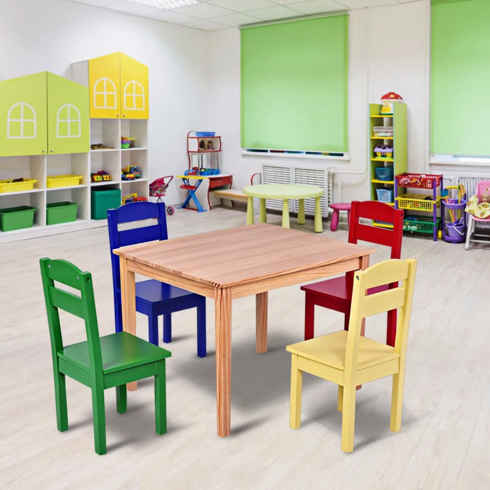 Goplus Kids 5 Piece Table Chair Set Pine Wood Multicolor Children Play Room - £145.82 GBP