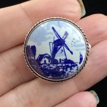 Vintage Dutch Delft Blue Ceramic Windmill Pin Sterling Silver Holland Brooch 1&quot; - £29.83 GBP