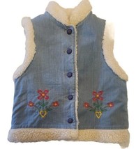 70s Sherpa Lined Vest Girls 14 Large Denim Embroidered Hippie Sears Roebuck - $24.48