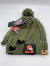 Cleveland Browns Pom Beanie Hat &amp; Glove Set Olive Green NWT Officially Licensed - £19.78 GBP