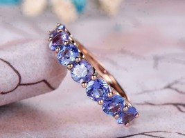 1.50Ct Round Cut CZ Blue Tanzanite Half Eternity Wedding Band 14K Rose Gold Over - £121.28 GBP