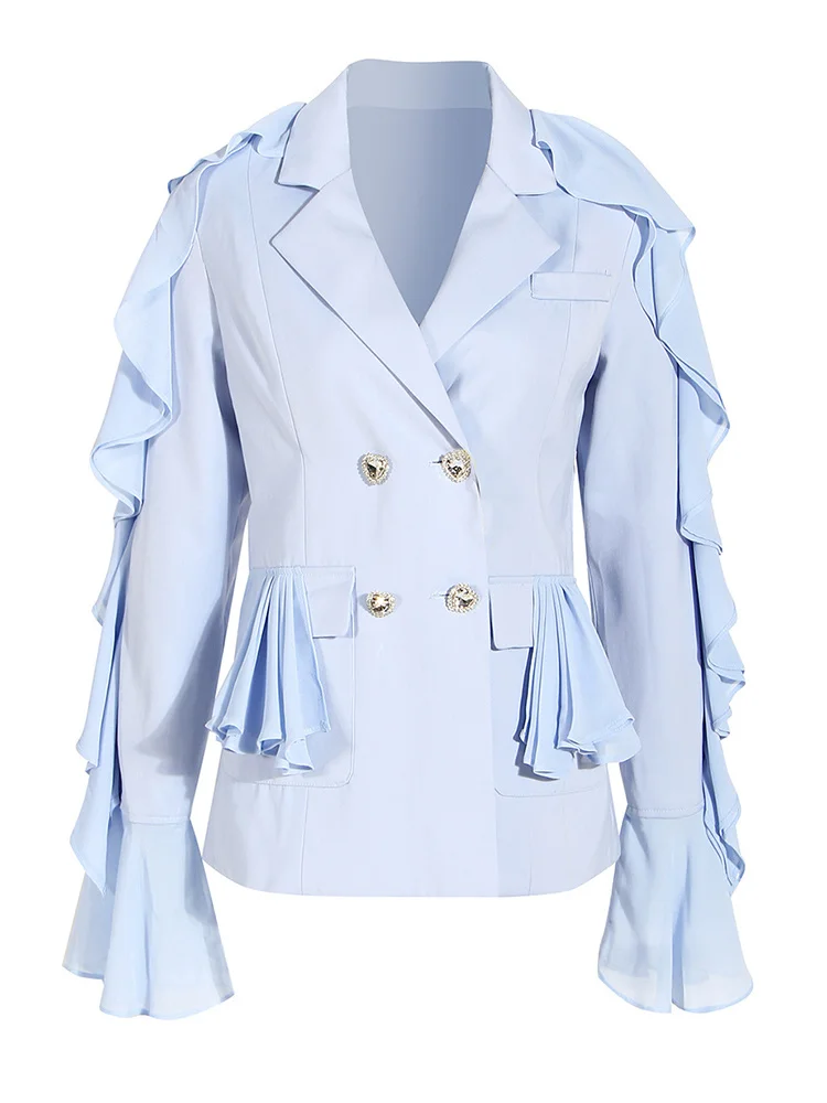Women Blue Ruffles Elegant Casual Blazer  Lapel Long Sleeve Loose Fit Ja... - £196.84 GBP