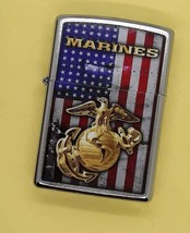 Marines Emblem On Flag Street Chrome  Authentic Zippo  #80951 New ! - $37.95 CAD