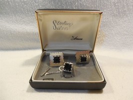 Vintage Anson Sterling Silver Black Onyx Cufflinks &amp; Tie Tack Set With Box 14g - £21.64 GBP