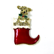 Vintage Gerry&#39;s Brooch Pin Red Enamel Poodle Dog Christmas Stocking - £9.43 GBP