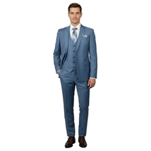Men Suit BERLUSCONI Turkey 100% Italian Wool Super 180's 3pc Vested #Ber25 Blue image 3