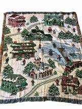 Christmas Tapestry Throw Blanket Winter Skaters Old Village Church 56&quot; Northwest - £36.62 GBP