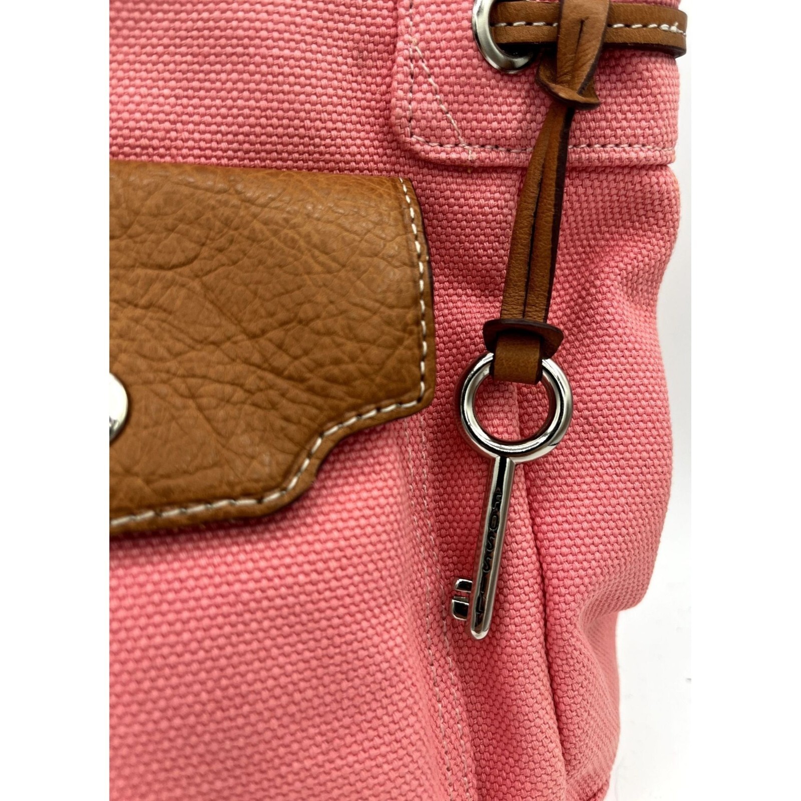 fossil pink canvas brown leather handbag satchel tote shopper key charm 75082 Item image 3
