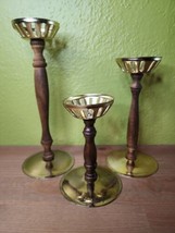 Candlesticks Brass Tone and Wood MCM Japan Grouping of 3 Graduated Heights Retro - £31.64 GBP
