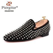 Handmade men black nubuck leather shoes with silver rivet Fashion CL same style  - £240.04 GBP