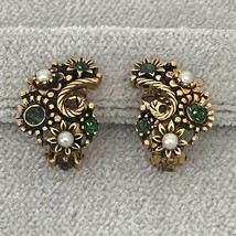 Vintage Lisner Clip On Gold Tone Earrings with Green Rhinestone and Faux... - $17.08