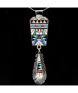 Rick &amp; Lucy Vacit zuni Sterling &amp; gemstone inlay Feather pendant 6&quot; - $798.84 CAD