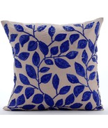 Rainy Blue Leaves, Beige Cotton Linen 16&quot;x16&quot; Cushion Covers - $45.05+