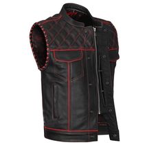 Men&#39;s Black Leather Vest Diamond Motorbike Motorcycle Concealed Red Wais... - £55.04 GBP+