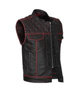 Men&#39;s Black Leather Vest Diamond Motorbike Motorcycle Concealed Red Wais... - $70.00+