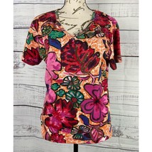 Mirror Image Tee Shirt Women M Colorful Floral Sequin Short Sleeve V Nec... - £12.80 GBP