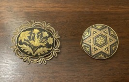 Lot 2 Vintage Damascene Spain Gold Tone Black Brooches Pins Bird Floral - £23.14 GBP