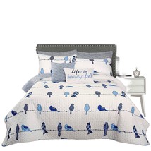 King size Blue White Navy Floral Birds On Wire Lightweight 7 Piece Quilt Set - $257.49