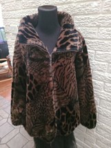  Fur Coat Jacket rabbit Brown leopard XL lined &amp; leather trim made USA excellent - £55.41 GBP