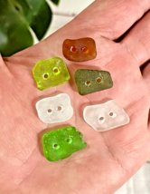 6 Genuine Beach Glass Buttons Square Shape 2 Holes Greens Brown Clear - $7.42