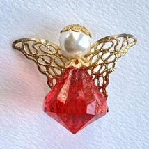 Cute Angel Red Briolette Dress Pearl Face Gold Wings Pin Brooch 1.5” Tall - £6.38 GBP