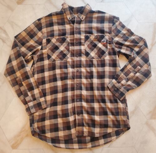 Duluth Trading 40 Grit Men&#39;s LARGE Brown &amp; Black Plaid Flannel Button Up... - $24.55