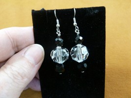 (EE-500-11) 12mm faceted Clear white crystal + black dangle hook silver earrings - £9.74 GBP