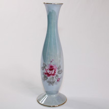 Vintage Vase Hand Painted Blue Glaze With Pink Flowers Gold Trim Made in... - £8.49 GBP