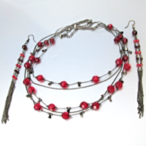 Black Enamel 5 Strand Red Crystal Bead Necklace 6" Long Pierced Earrings... - $13.83