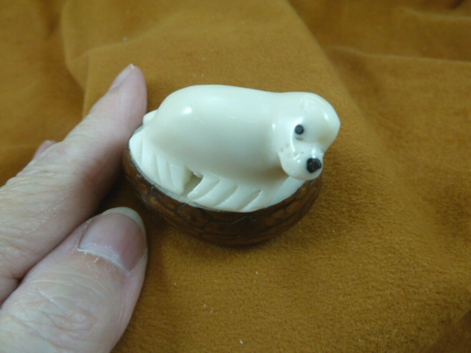 (TNE-SEAL-683C) white Seal sea lion TAGUA NUT palm figurine carving I lo... - $16.12