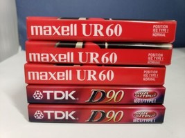 Lot of 5 New Sealed Cassette Tapes TDK &amp; Maxell Normal Bias 60 &amp; 90 Minutes - £7.73 GBP