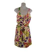 Express Dress Floral Knee Length Belted Sundress Womens Sz M  Ruffle Bib... - £18.67 GBP