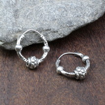 Indian style embossed Ball Oxidized 925 Sterling Silver hoop hinged earrings - £29.98 GBP