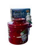 Vintage Holiday Butter Bell Crock with Spreader Snowman Christmas Red Box - $315.21 MXN